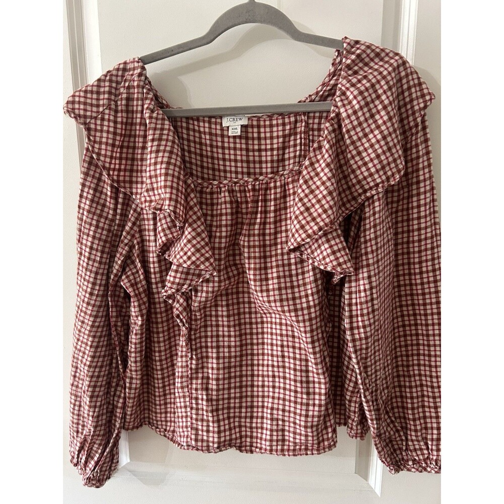 J. Crew Women’s XXL Red Plaid Ruffle Boho Hippie Cottage Square Neck Cropped